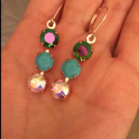 Peacock, turquoise + Aurora Borealis Crystal Drop Earrings - Picture 4 of 8